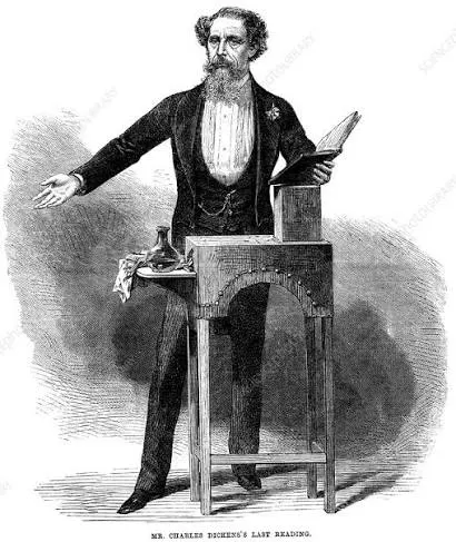 Σκίτσο του Charles Dickens να διαβάζει στο αναλόγιο του St James's Hall του Λονδίνου το 1870