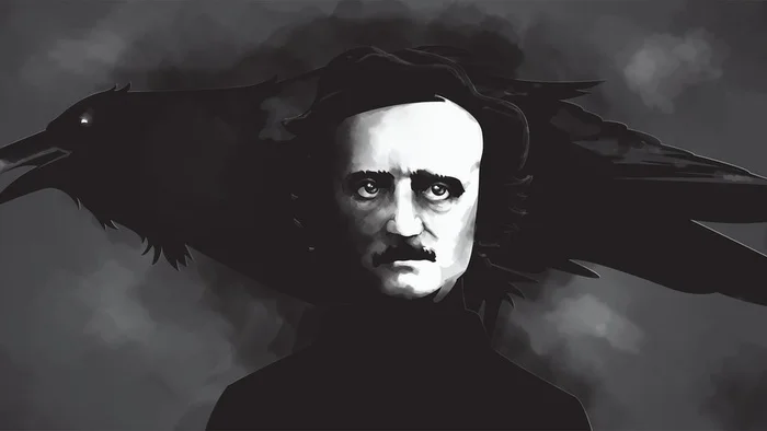 Ασπρόμαυρη ψηφιακή εικονογράφηση του Edgar Allan Poe με ένα τεράστιο κοράκι πίσω του, σε σκοτεινή, ομιχλώδη ατμόσφαιρα