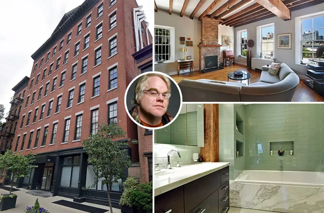 Κολάζ με το τουβλένιο κτίριο της Bethune Street 35 στο West Village, πορτρέτο του ηθοποιού και εσωτερικά του διαμερίσματος