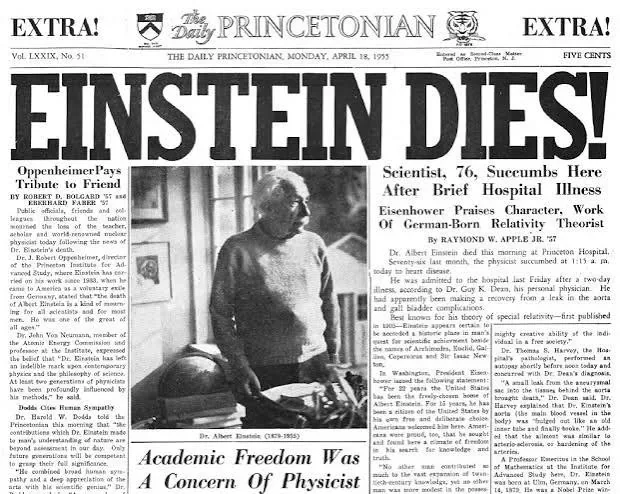 Πρώτη σελίδα της εφημερίδας Daily Princetonian της 18ης Απριλίου 1955 με τον τίτλο «Einstein Dies!» και φωτογραφία του Albert Einstein