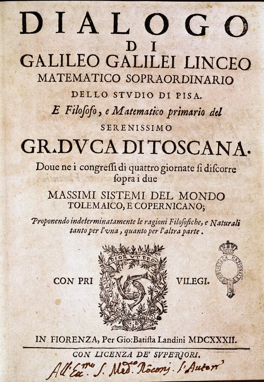 Το εξώφυλλο του Dialogo sopra i due massimi sistemi del mondo του Galileo Galilei, 1632