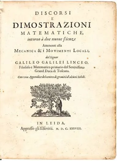 Το εξώφυλλο των Discorsi e dimostrazioni matematiche, του Galileo Galilei, Leiden 1638