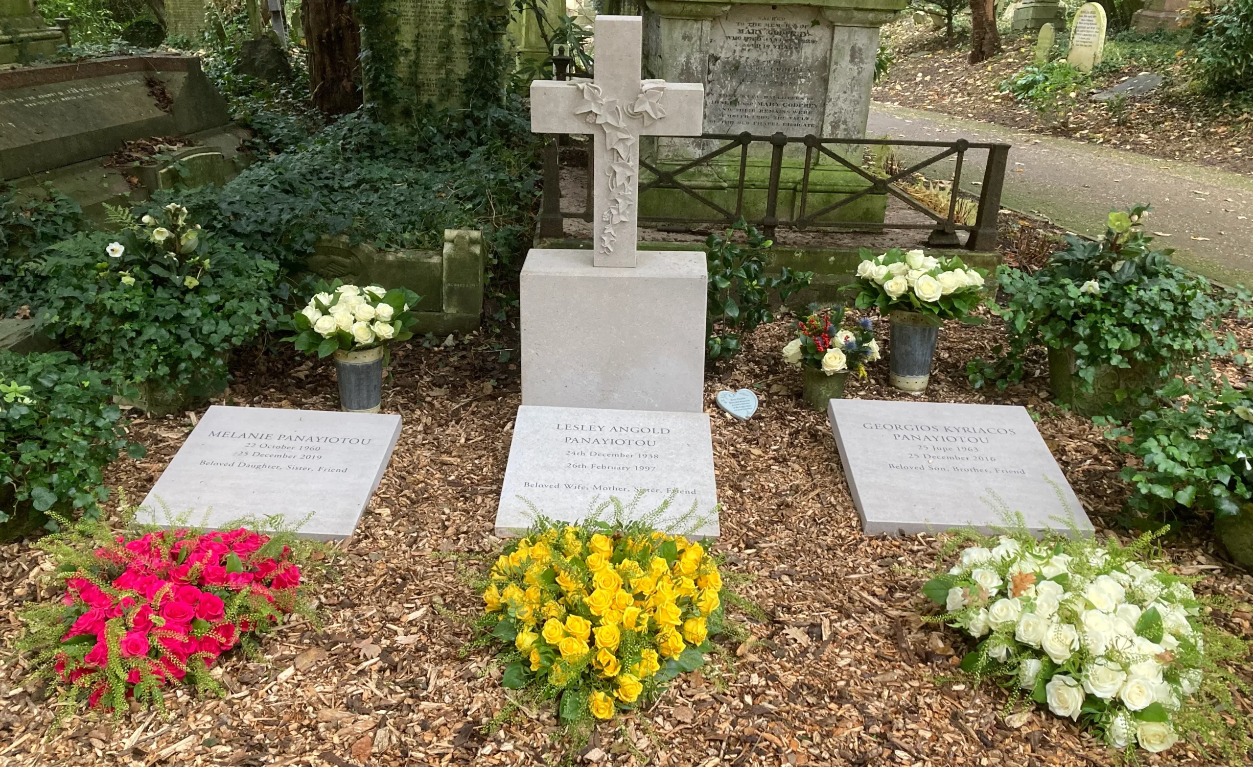 Ο οικογενειακός χώρος ταφής του George Michael στο Highgate, με σταυρό και λουλούδια.