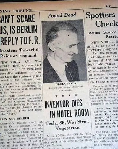 Δημοσίευμα της New York Herald Tribune της 8ης Ιανουαρίου 1943 για τον θάνατο του Nikola Tesla
