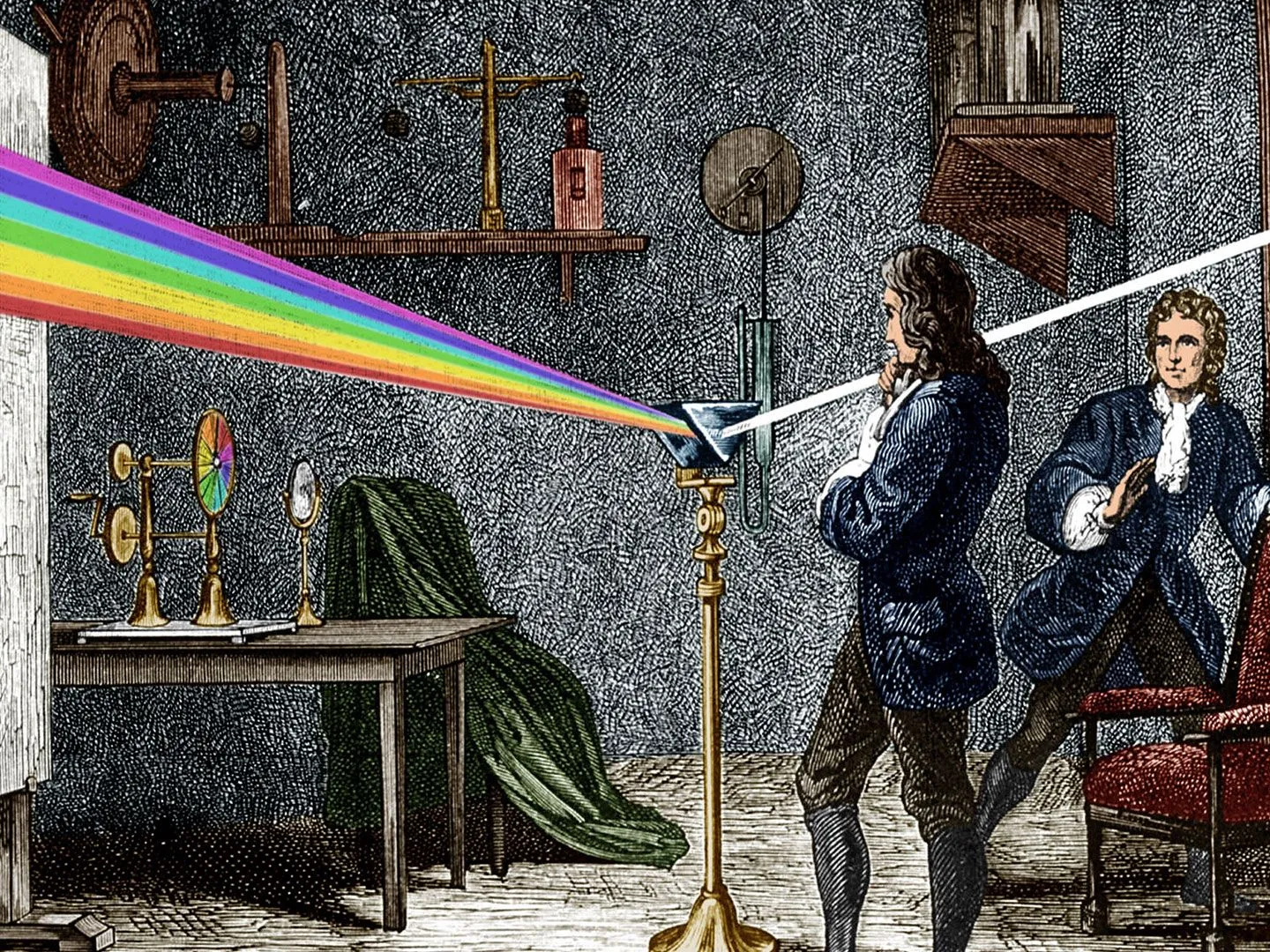 Πείραμα του Isaac Newton με πρίσμα που αναλύει το λευκό φως σε χρώματα