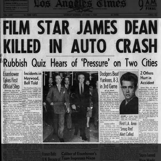 Πρωτοσέλιδο των Los Angeles Times της 1ης Οκτωβρίου 1955 με τίτλο για τον θάνατο του ηθοποιού Τζέιμς Ντιν σε αυτοκινητιστικό δυστύχημα