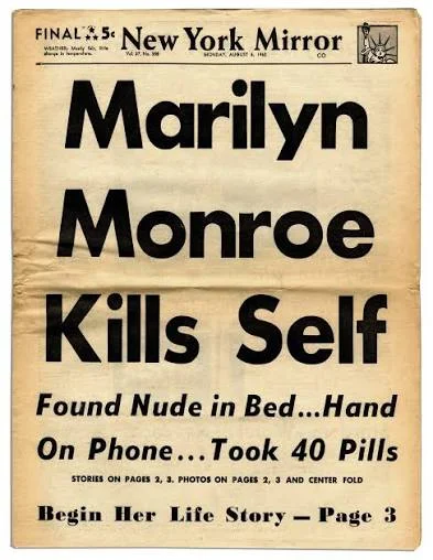 Το πρωτοσέλιδο της New York Mirror της 6ης Αυγούστου 1962, με φωτογραφία της Μέριλιν Μονρόε και την είδηση του θανάτου της.