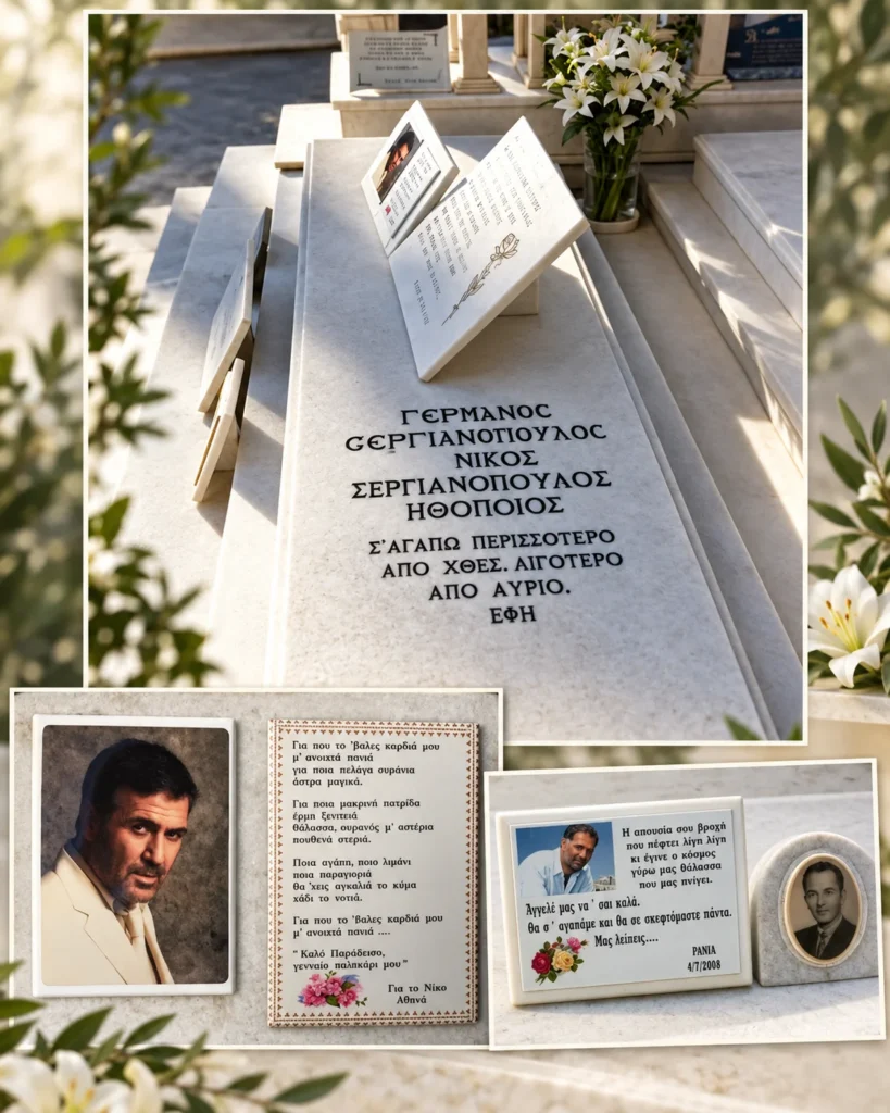 Φωτογραφικό κολάζ από το λευκό μαρμάρινο μνήμα του Νίκου Σεργιανόπουλου, με χαραγμένα τα ονόματα της οικογένειας, στίχους αποχαιρετισμού και φωτογραφίες του ηθοποιού