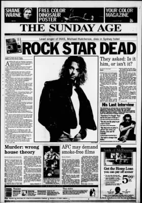 Πρωτοσέλιδο της εφημερίδας The Sunday Age με τον τίτλο «Rock star dead» και φωτογραφία του Michael Hutchence