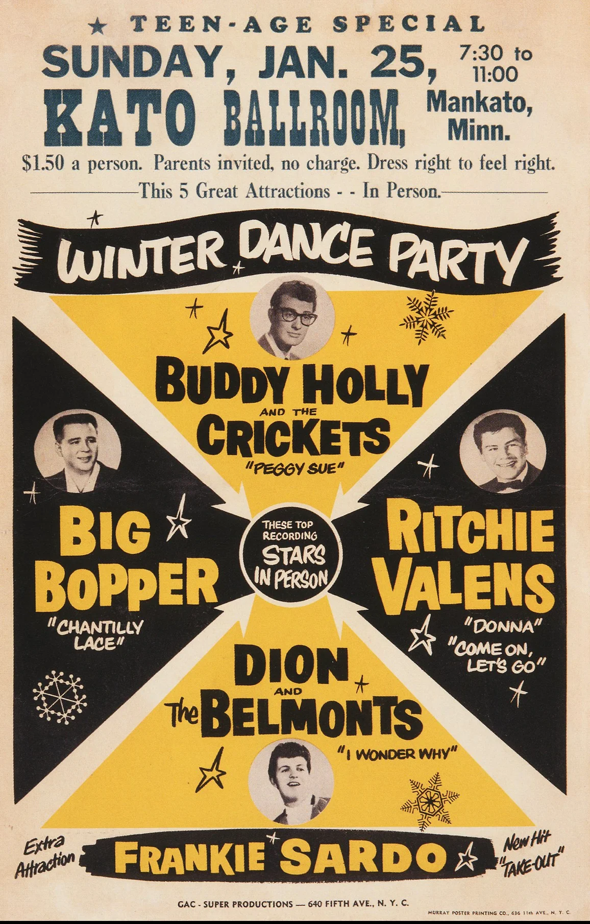 Αφίσα της Winter Dance Party για το Kato Ballroom στις 25 Ιανουαρίου 1959