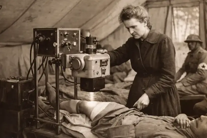 Η Marie Curie σε ένα από τα κινητά ακτινολογικά οχήματα, τις «μικρές Curie», το 1917