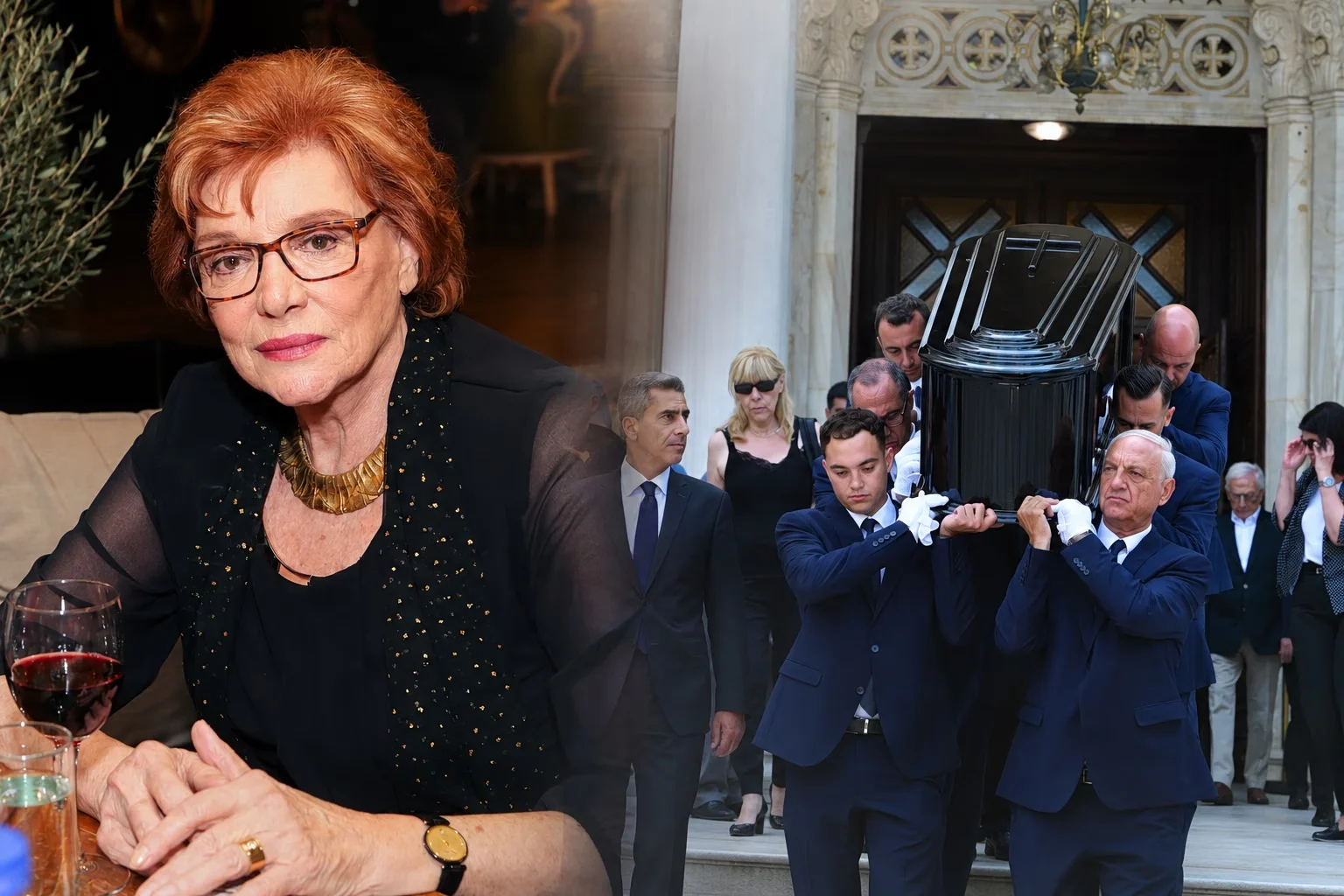 Σύνθετη εικόνα με πορτρέτο ηλικιωμένης γυναίκας με γυαλιά και, δεξιά, άνδρες που μεταφέρουν φέρετρο έξω από εκκλησία