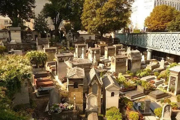 Τάφοι και μαυσωλεία στο νεκροταφείο Μονμάρτρης, με τη μεταλλική γέφυρα Caulaincourt δεξιά
