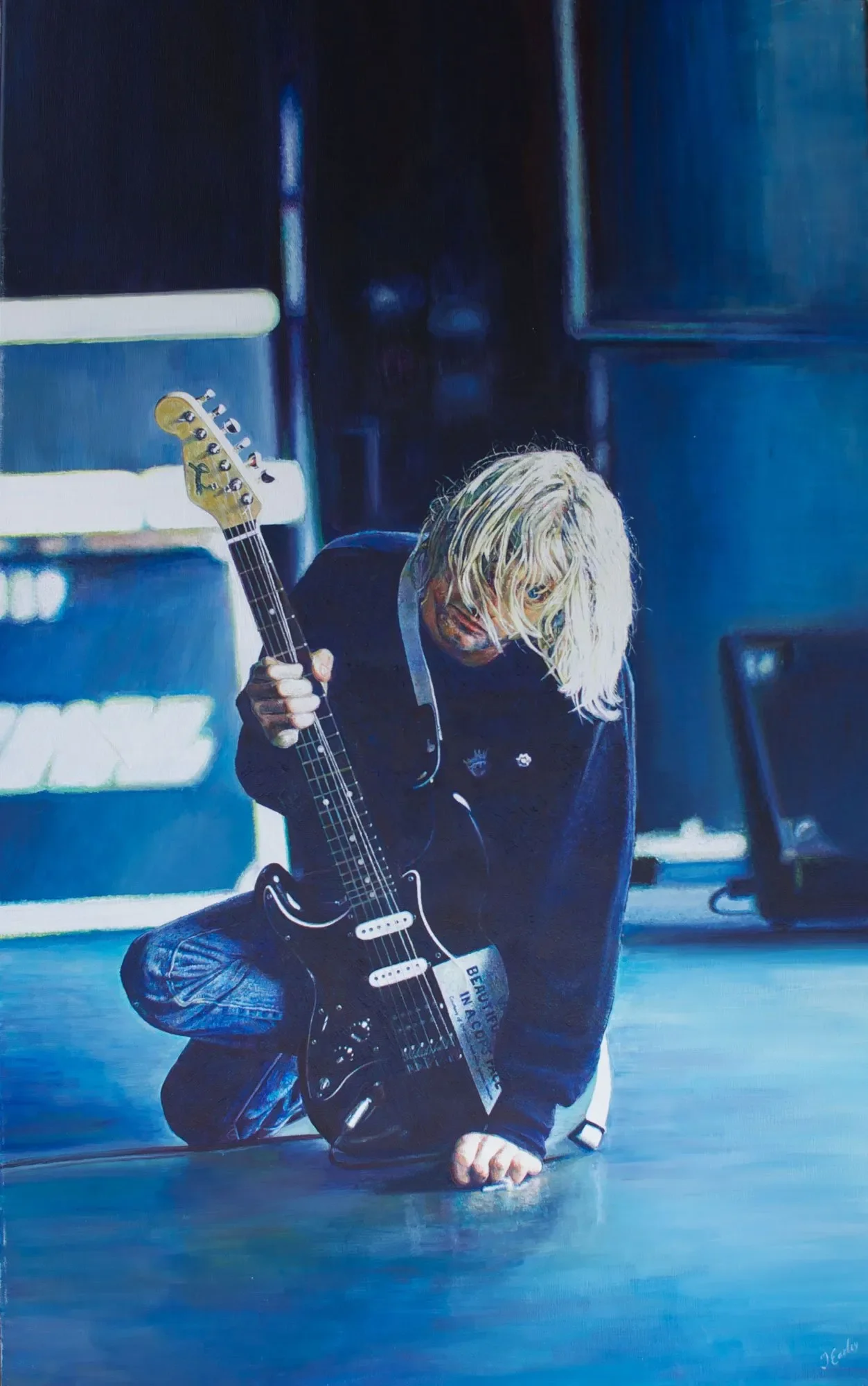 Ζωγραφικό έργο με τον Kurt Cobain γονατισμένο, με την κιθάρα του